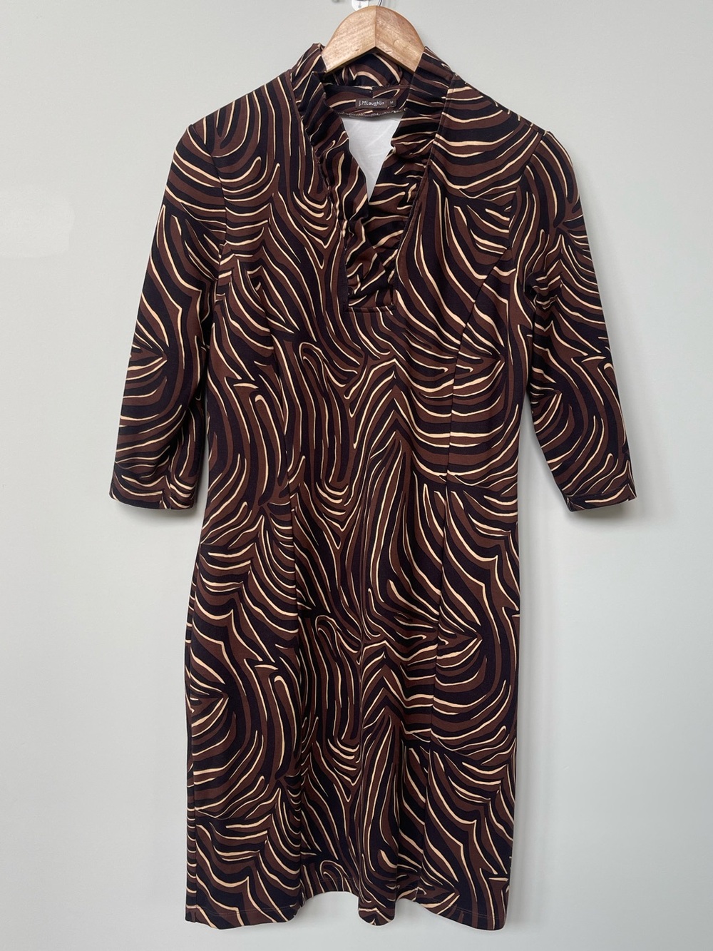J. McLaughlin | Ruffle Collar Half Sleeve Sheath Dress with Brown Abstract Print